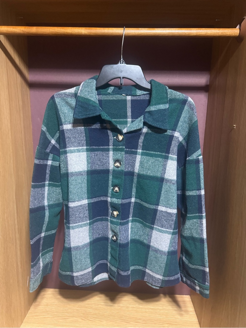 Green Blue White Plaid Button Front Shacket Size Large